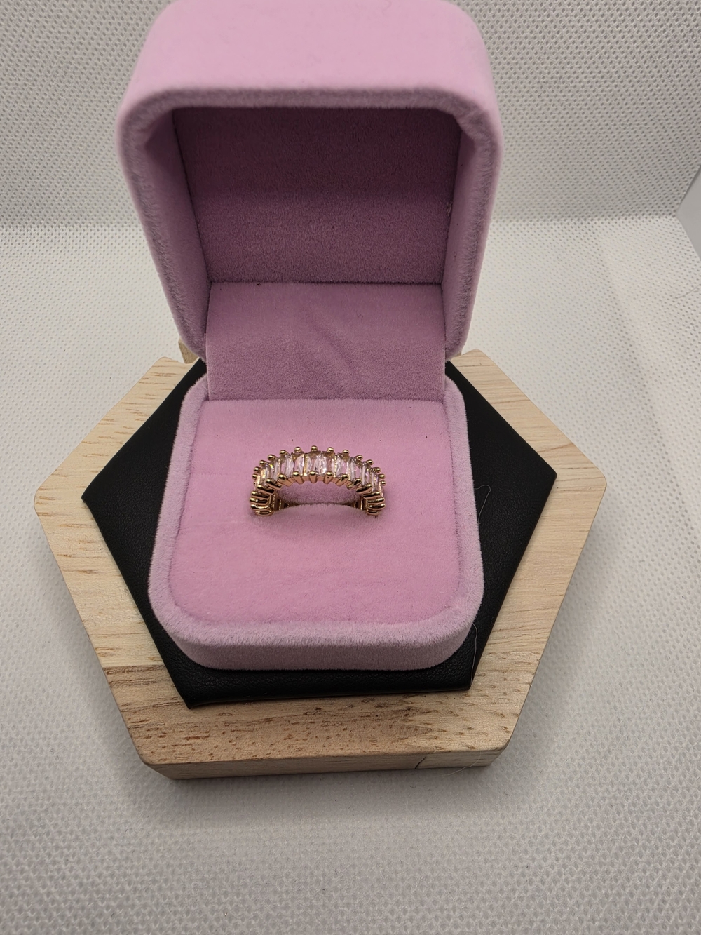 Gold Tone Pink CZ Baguette Eternity Band - Adjustable Size.
